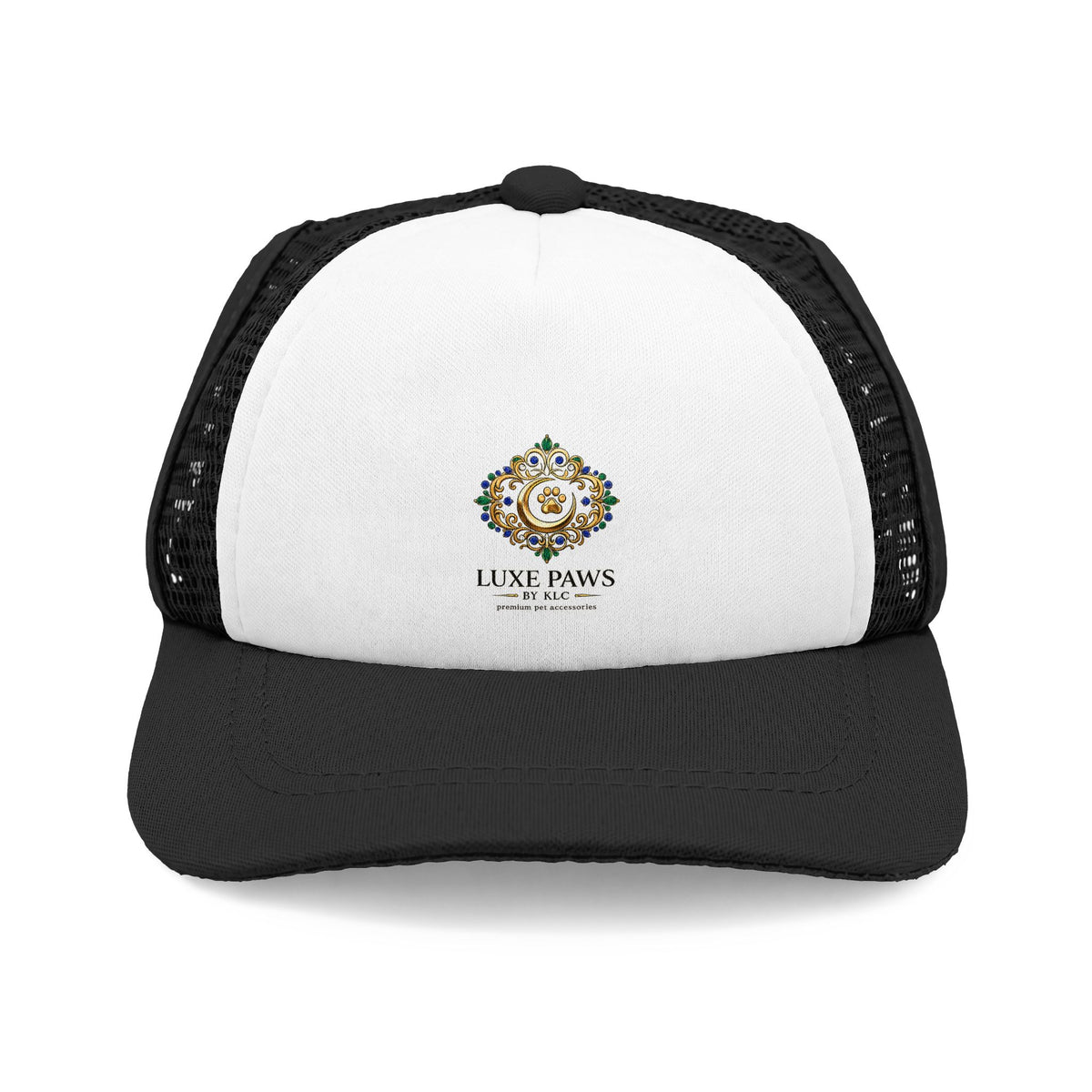 Luxe Paws Trucker Hat — Embroidered Dog Crest Foam Front Cap