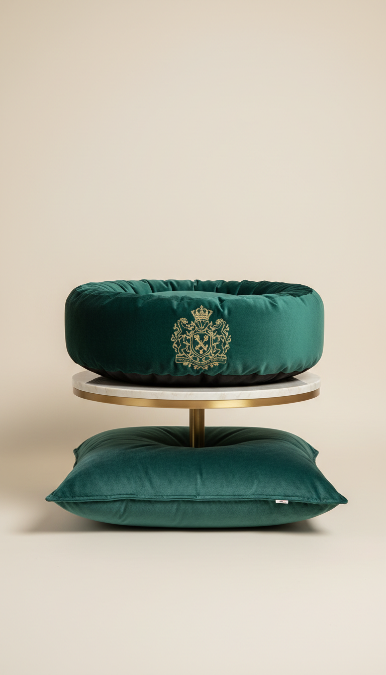 Plush Emerald Velvet Pet Bed with Embroidered Crest