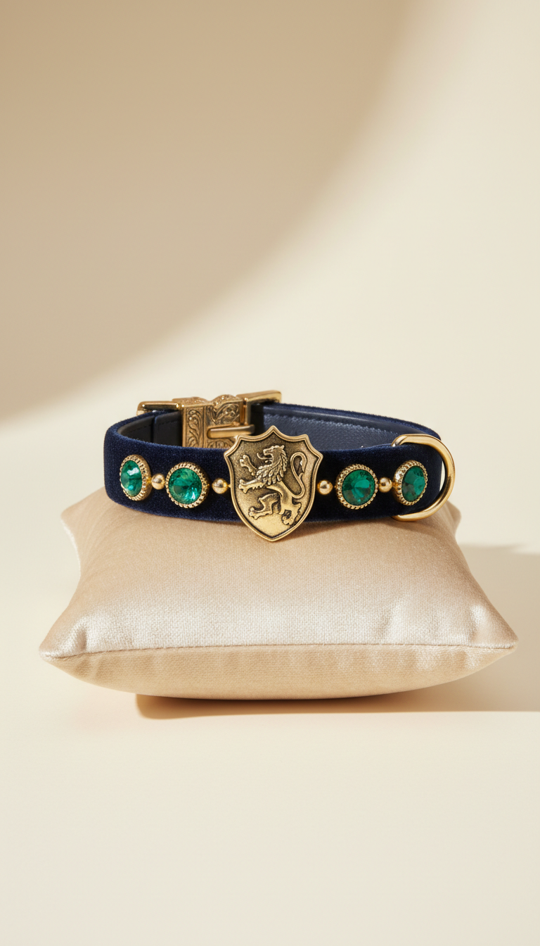 Navy Velvet Dog Collar with Gold Crest