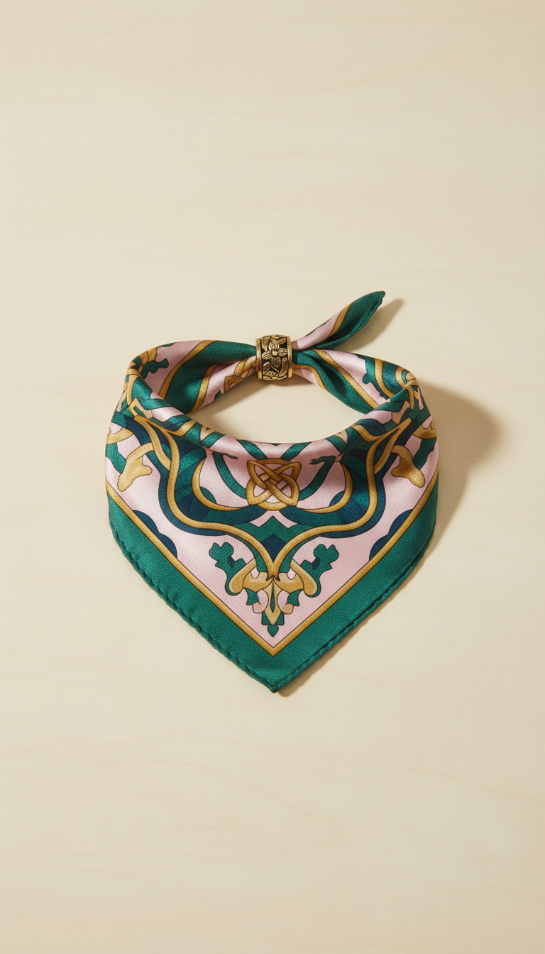 Emerald and Blush Silk Bandana with Motif